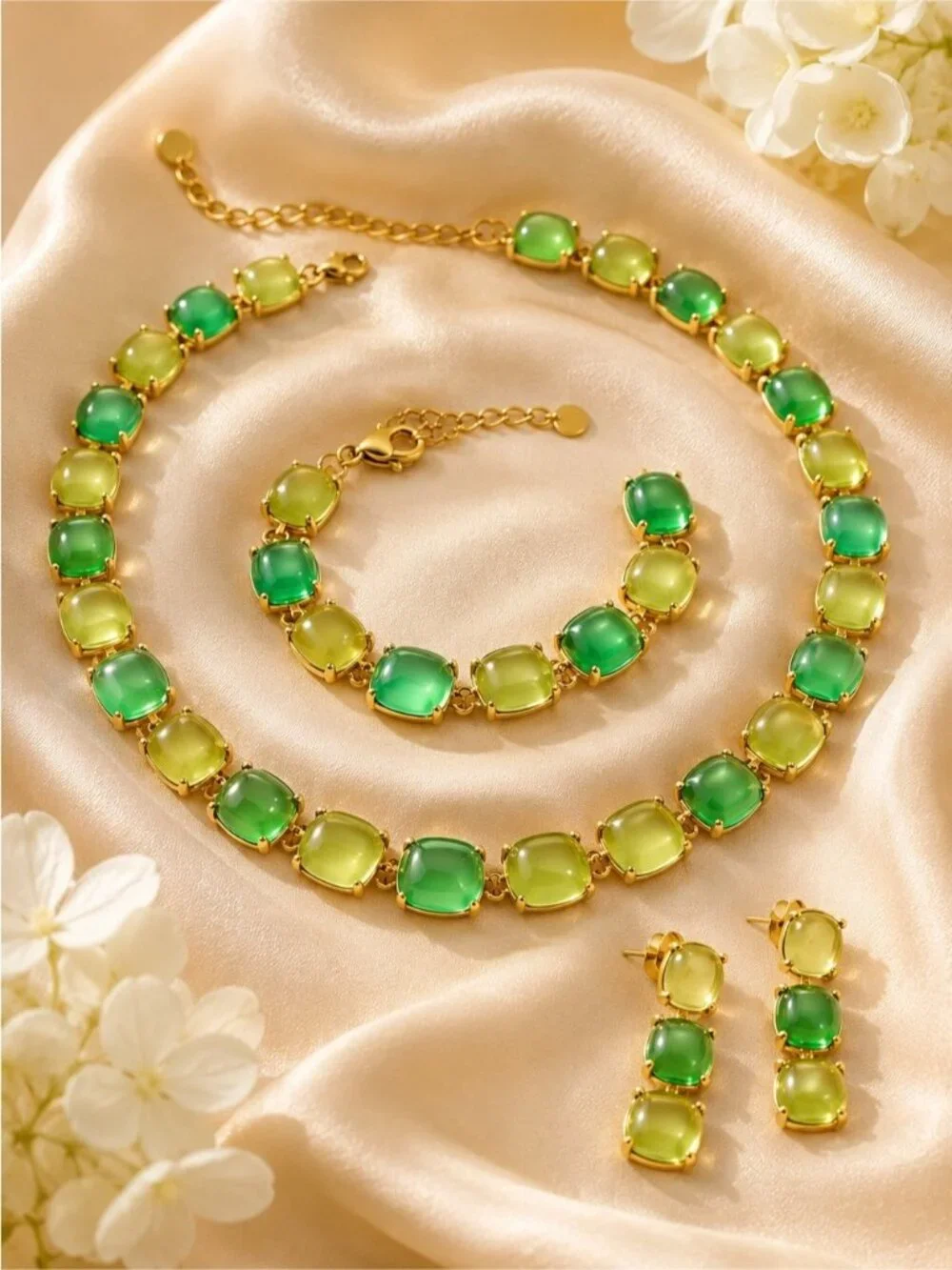 Green and Yellow Acrylic Resin Square Chain Necklace Bracelet Earrings Set